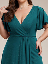 ever MELOD¨¦|Glitter High-Low Front Side Slit Ruffled V-Neck Evening Dress