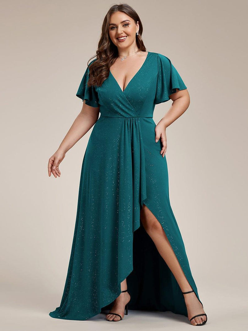 ever MELOD¨¦|Glitter High-Low Front Side Slit Ruffled V-Neck Evening Dress