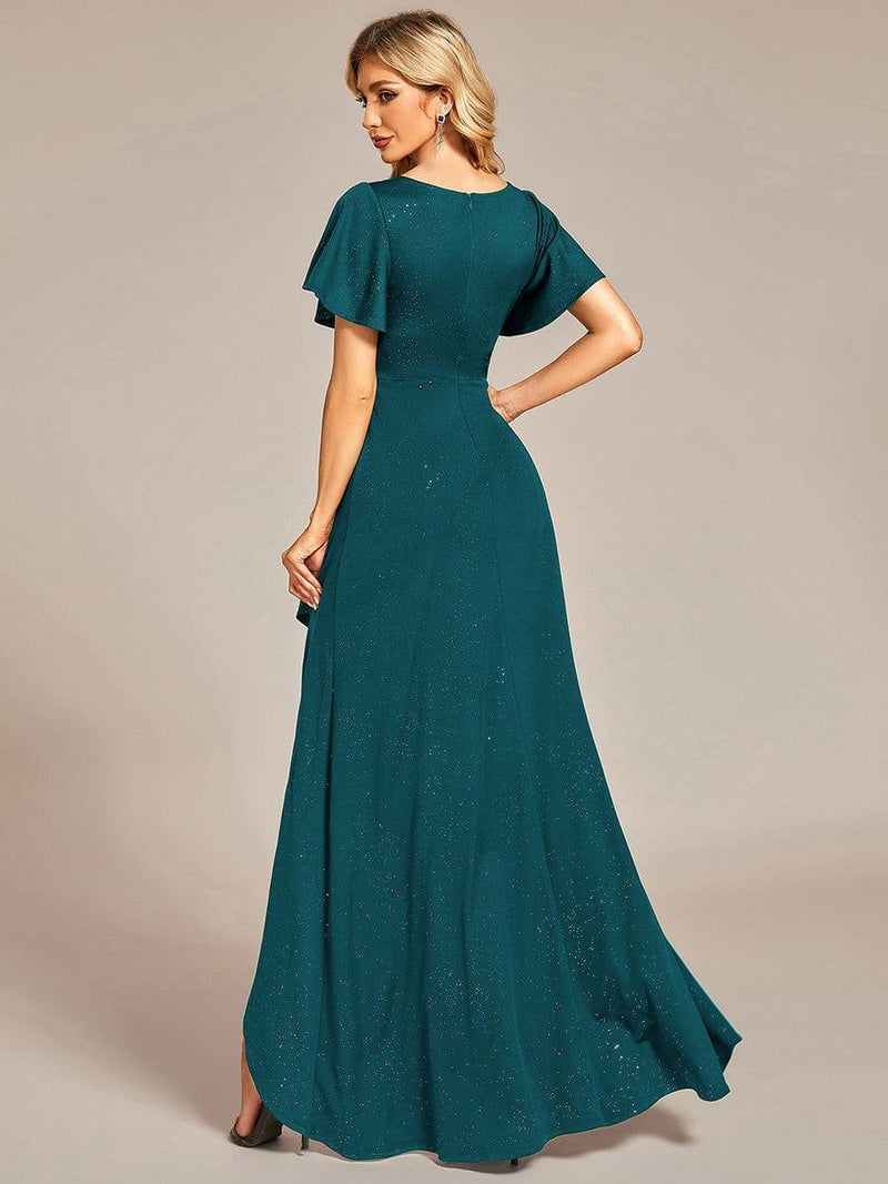 ever MELOD¨¦|Glitter High-Low Front Side Slit Ruffled V-Neck Evening Dress