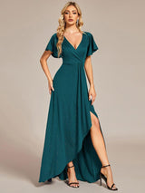 ever MELOD¨¦|Glitter High-Low Front Side Slit Ruffled V-Neck Evening Dress