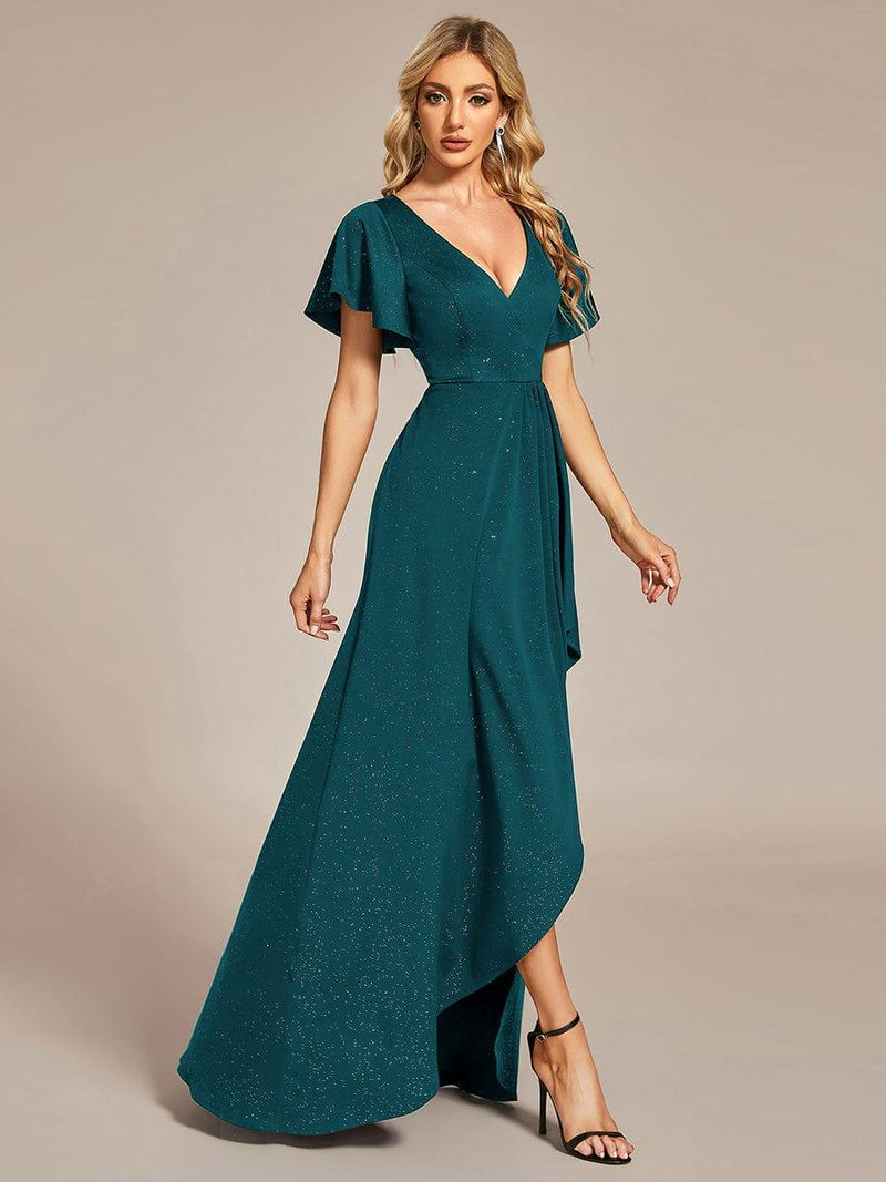ever MELOD¨¦|Glitter High-Low Front Side Slit Ruffled V-Neck Evening Dress
