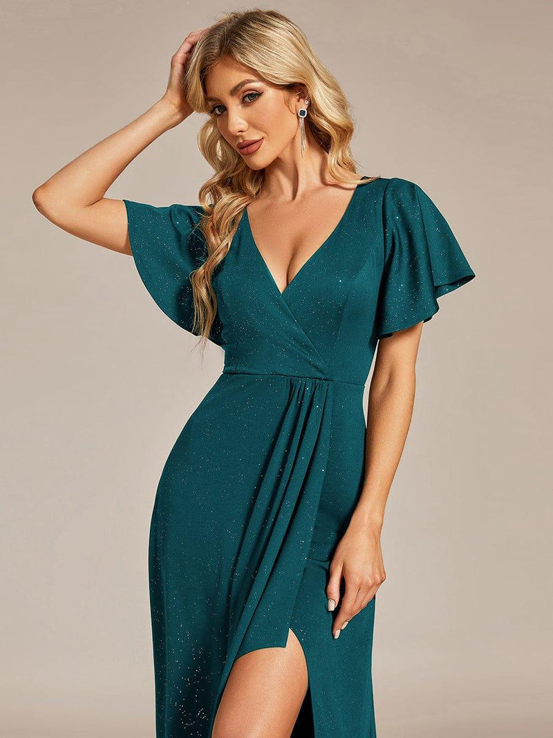 ever MELOD¨¦|Glitter High-Low Front Side Slit Ruffled V-Neck Evening Dress