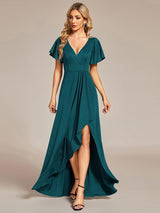 ever MELOD¨¦|Glitter High-Low Front Side Slit Ruffled V-Neck Evening Dress