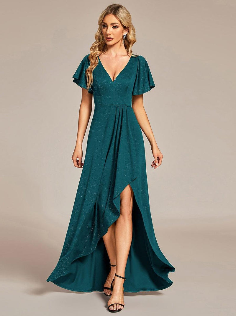 ever MELOD¨¦|Glitter High-Low Front Side Slit Ruffled V-Neck Evening Dress
