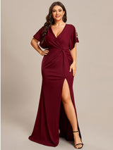 ever LYN|Pleated High Slit Hollow Out Sequin Sleeve V-Neck Formal Evening Dress