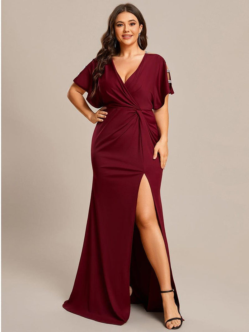ever LYN|Pleated High Slit Hollow Out Sequin Sleeve V-Neck Formal Evening Dress