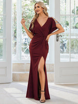 ever LYN|Pleated High Slit Hollow Out Sequin Sleeve V-Neck Formal Evening Dress