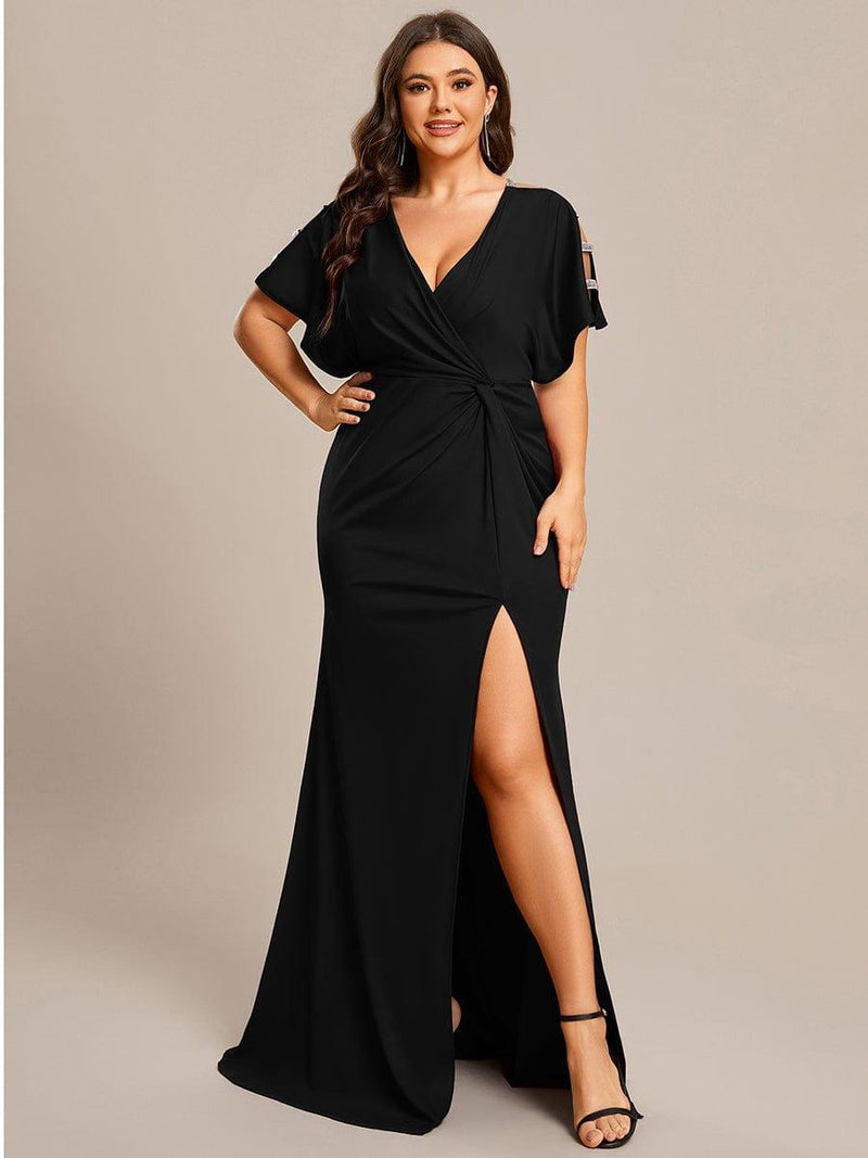 ever LYN|Pleated High Slit Hollow Out Sequin Sleeve V-Neck Formal Evening Dress