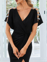 ever LYN|Pleated High Slit Hollow Out Sequin Sleeve V-Neck Formal Evening Dress