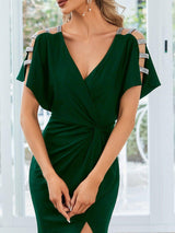 ever LYN|Pleated High Slit Hollow Out Sequin Sleeve V-Neck Formal Evening Dress