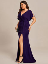 pretty LYN|Plus Size Sequin Sleeve High Slit Evening Dress with Pleated