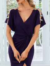 ever LYN|Pleated High Slit Hollow Out Sequin Sleeve V-Neck Formal Evening Dress