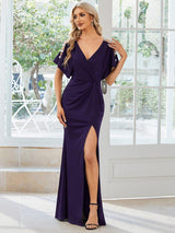 ever LYN|Pleated High Slit Hollow Out Sequin Sleeve V-Neck Formal Evening Dress