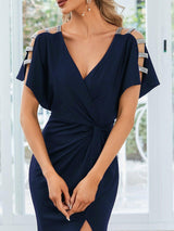 ever LYN|Pleated High Slit Hollow Out Sequin Sleeve V-Neck Formal Evening Dress