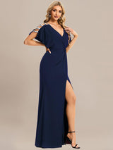 ever LYN|Pleated High Slit Hollow Out Sequin Sleeve V-Neck Formal Evening Dress