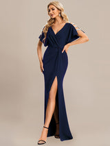 ever LYN|Pleated High Slit Hollow Out Sequin Sleeve V-Neck Formal Evening Dress