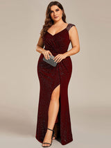 pretty NOIRE|Plus Size Glitter V-Neck High Slit Sequin Shoulder Strap Evening Dress
