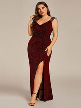 ever NOIRE|Glitter V-Neck High Slit Sequin Shoulder Strap Evening Dress