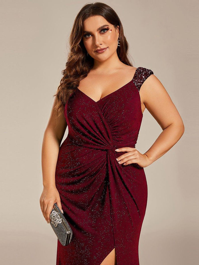 ever NOIRE|Glitter V-Neck High Slit Sequin Shoulder Strap Evening Dress