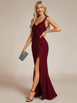 ever NOIRE|Glitter V-Neck High Slit Sequin Shoulder Strap Evening Dress
