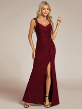 ever NOIRE|Glitter V-Neck High Slit Sequin Shoulder Strap Evening Dress