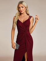 ever NOIRE|Glitter V-Neck High Slit Sequin Shoulder Strap Evening Dress