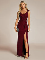 ever NOIRE|Glitter V-Neck High Slit Sequin Shoulder Strap Evening Dress