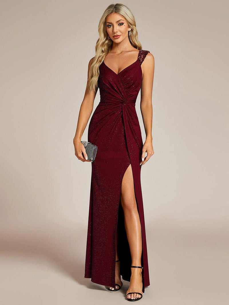 ever NOIRE|Glitter V-Neck High Slit Sequin Shoulder Strap Evening Dress