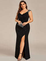 pretty NOIRE|Plus Size Glitter V-Neck High Slit Sequin Shoulder Strap Evening Dress