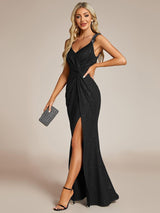 ever NOIRE|Glitter V-Neck High Slit Sequin Shoulder Strap Evening Dress