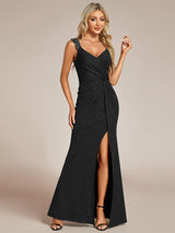 ever NOIRE|Glitter V-Neck High Slit Sequin Shoulder Strap Evening Dress