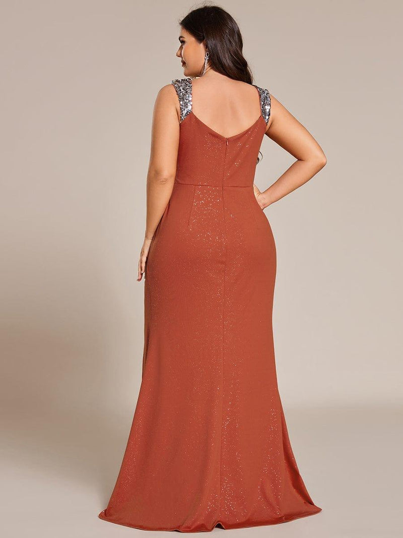 ever NOIRE|Glitter V-Neck High Slit Sequin Shoulder Strap Evening Dress
