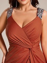 pretty NOIRE|Plus Size Glitter V-Neck High Slit Sequin Shoulder Strap Evening Dress
