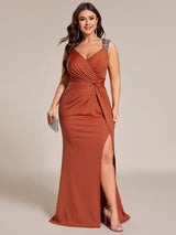 pretty NOIRE|Plus Size Glitter V-Neck High Slit Sequin Shoulder Strap Evening Dress