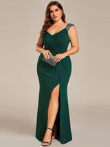 pretty NOIRE|Plus Size Glitter V-Neck High Slit Sequin Shoulder Strap Evening Dress