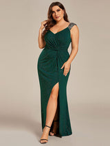pretty NOIRE|Plus Size Glitter V-Neck High Slit Sequin Shoulder Strap Evening Dress