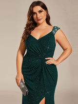 pretty NOIRE|Plus Size Glitter V-Neck High Slit Sequin Shoulder Strap Evening Dress