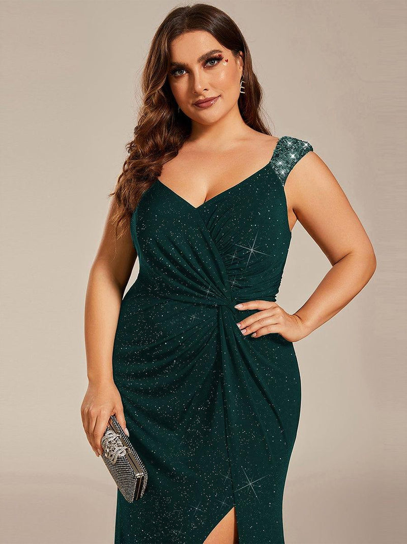 pretty NOIRE|Plus Size Glitter V-Neck High Slit Sequin Shoulder Strap Evening Dress