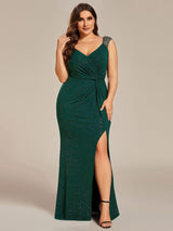 ever NOIRE|Glitter V-Neck High Slit Sequin Shoulder Strap Evening Dress