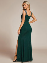ever NOIRE|Glitter V-Neck High Slit Sequin Shoulder Strap Evening Dress
