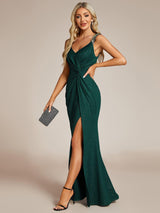 ever NOIRE|Glitter V-Neck High Slit Sequin Shoulder Strap Evening Dress
