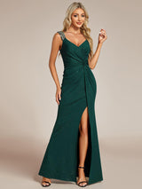 ever NOIRE|Glitter V-Neck High Slit Sequin Shoulder Strap Evening Dress
