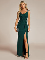 ever NOIRE|Glitter V-Neck High Slit Sequin Shoulder Strap Evening Dress