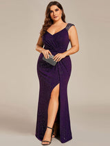 pretty NOIRE|Plus Size Glitter V-Neck High Slit Sequin Shoulder Strap Evening Dress