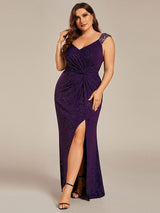 pretty NOIRE|Plus Size Glitter V-Neck High Slit Sequin Shoulder Strap Evening Dress