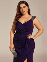 ever NOIRE|Glitter V-Neck High Slit Sequin Shoulder Strap Evening Dress