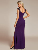 ever NOIRE|Glitter V-Neck High Slit Sequin Shoulder Strap Evening Dress