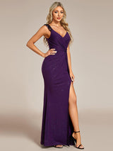 ever NOIRE|Glitter V-Neck High Slit Sequin Shoulder Strap Evening Dress