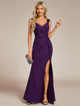 ever NOIRE|Glitter V-Neck High Slit Sequin Shoulder Strap Evening Dress