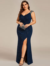 pretty NOIRE|Plus Size Glitter V-Neck High Slit Sequin Shoulder Strap Evening Dress